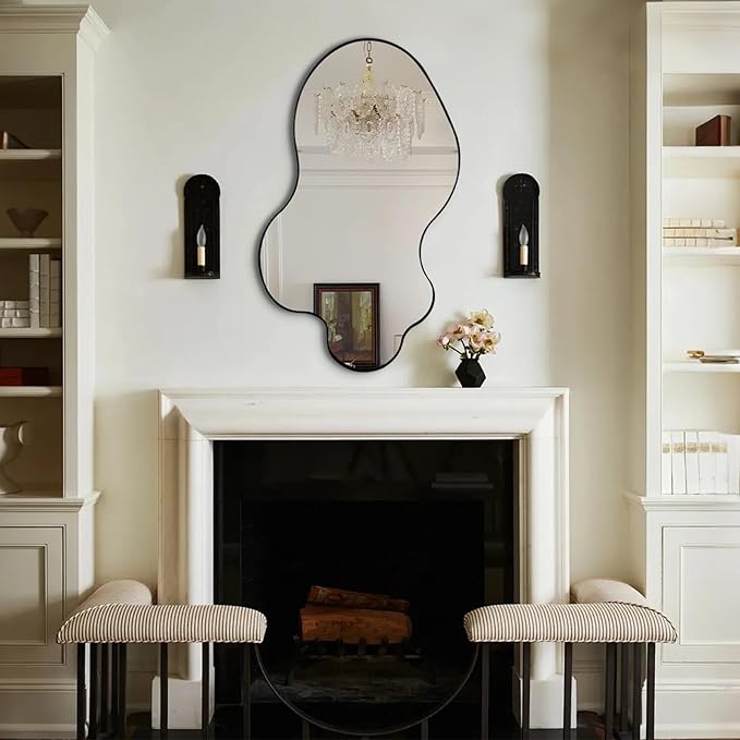 Irregular Mirror, 30"x18" Asymmetrical Mirrors, Black Metal Frame Wall Mirrors Decorative, Modern Odd Shaped Mirror for Living Room Bathroom Bedroom Hallway Entryway Fireplace