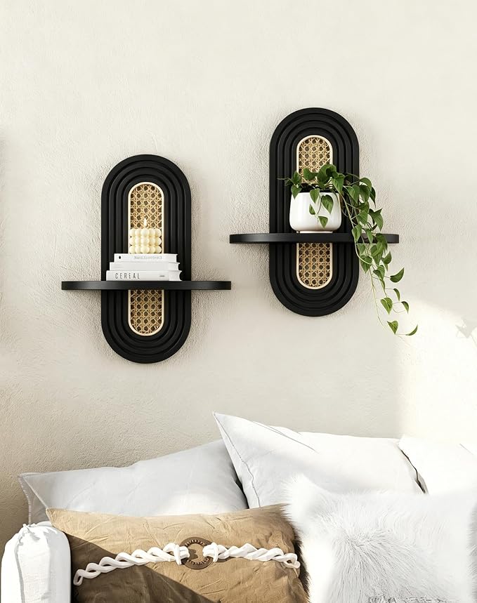 Floating Shelves for Wall, Boho Home Wall Decor,Rattan Plant Shelf Set of 2, Mid Century Small Decorative Shelf, Natural Wood Shelves for Living Room,Bedroom,House,Office (Black)