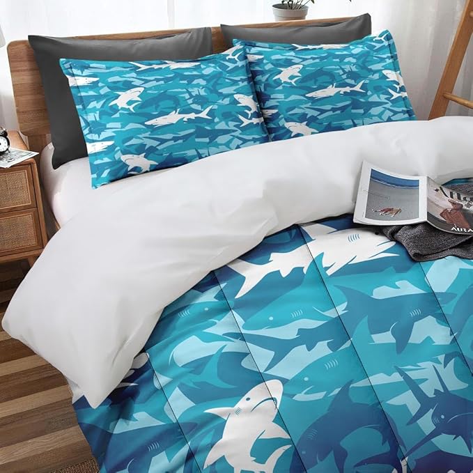 Blue Shark Twin Comforter Set, Ocean Surf Camouflage Bedding Set 2 Piece, All Season Soft Toddlers Children Adults Bedroom Bed Decoration Comforter and 1 Pillow Shams