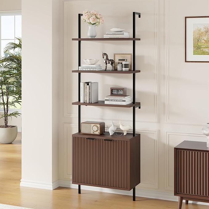 Ladder Bookshelf with Cabinet, 71" Tall Wall Mounted Bookcase with Shelves & Storage, Fluted Ladder Shelf with Metal Frame, 6-Tier Wall Bookshlef for Living Room, Office, Bedroom, Walnut & Black