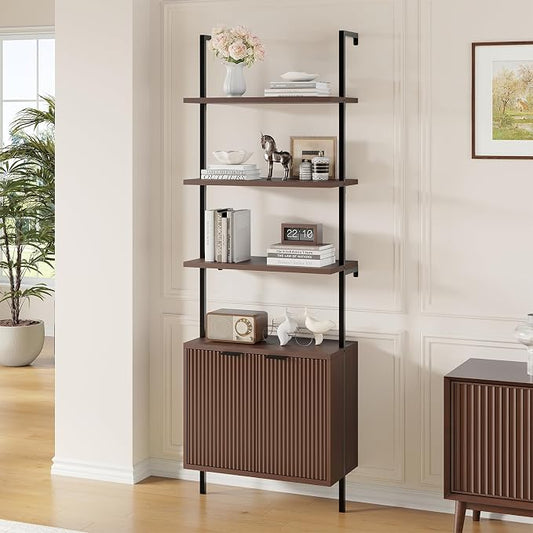 Ladder Bookshelf with Cabinet, 71" Tall Wall Mounted Bookcase with Shelves & Storage, Fluted Ladder Shelf with Metal Frame, 6-Tier Wall Bookshlef for Living Room, Office, Bedroom, Walnut & Black