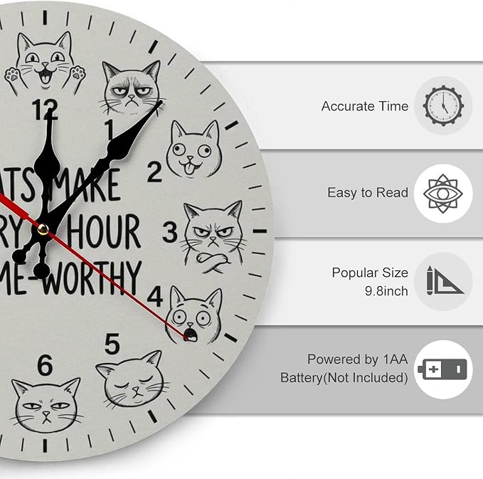 Funny Cat Expressions Wooden Wall Clock Silent Non Ticking | Cute Kitty Animal Art Decor for Kids Room Bedroom Living Room Kitchen Office Unique Gift 10 12 Inch