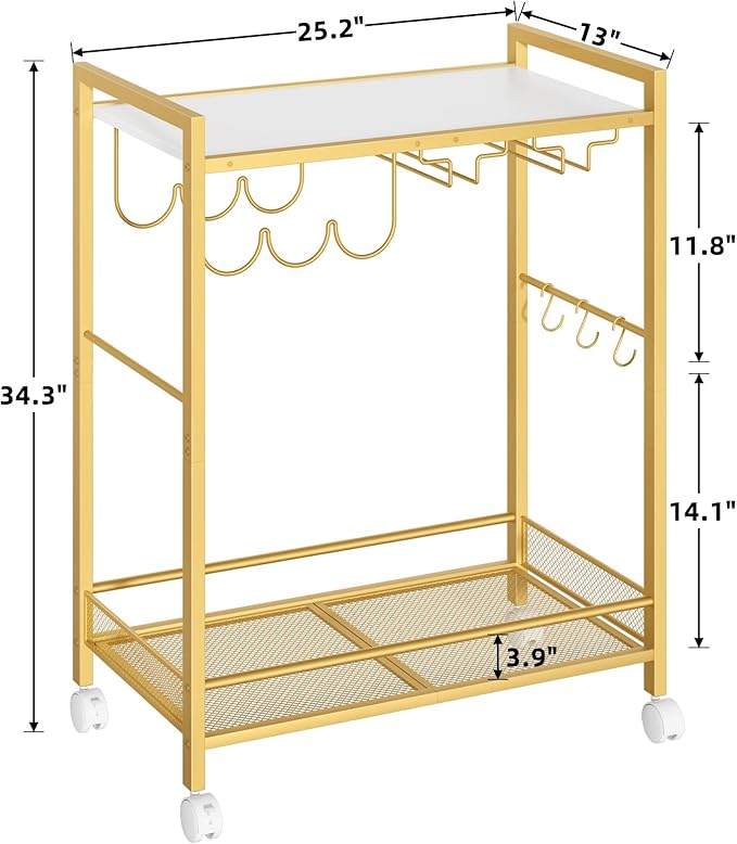 Bar Cart, Home Bar Serving Cart with 2-Tier Shelf,Rolling Beverage Cart with Wheels,Mobile Kitchen Shelf,Modern Wine Drink Cart with Wine Rack and Glass Holder for Kitchen,Dinning Room,Gold
