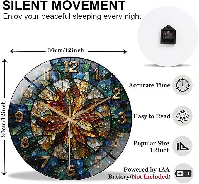 12 Inch Floral Mosaic Glass Wall Clock Silent Art Decor | Silent glossy wall clock with a vintage stained glass mosaic design, perfectly tracking time for your living room