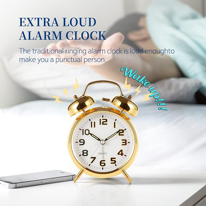 Tetino Super Loud Alarm Clock for Heavy Sleepers,4 inches Twin Bell Alarm Clock with Backlight,Battery Operated,Silent Non Ticking,for Kids,Adults,Bedrooms,Retro Decor Desk Analog Clocks. (Golden)
