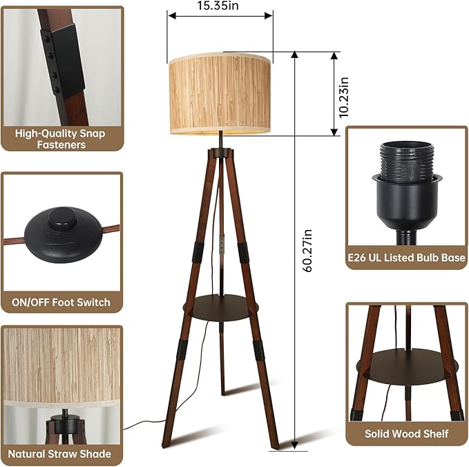 Floor Lamps for Living Room Tripod Floor Lamp Natural Raffia Straw Shade Tall Standing Lamp, Dimmable Industrial Reading Light for Living Room, Bedroom, Office