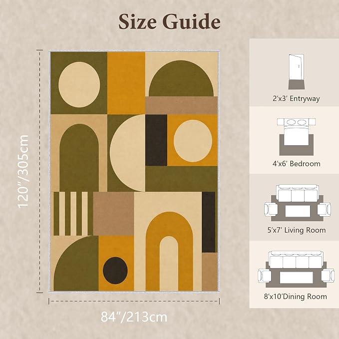 Olive Bauhaus Area Rug 7x10, Mid Century Modern Geometric Rug, Mustard Green Abstract Color Block Washable Low Pile Non Slip Rug for Living Room Bedroom