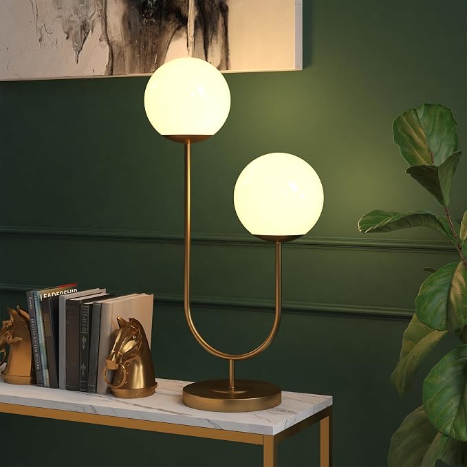 Henn&Hart 28" Mid-Century Modern 2-Light U-Shaped Table Lamp with White Milk Glass Globe Shade for Living Room, Bedroom, or Office, Gold