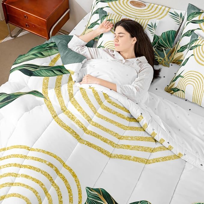 Erosebridal Modern Boho Green Bedding Set Twin Minimalist Mid Century Comforter Set 7 Piece Simple Aesthetic Art Bed in A Bag for Kids Girls Women Minimalism Plant Quilt with Flat Fitted Sheet