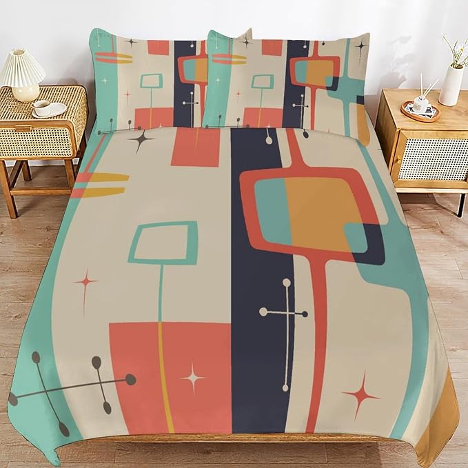 Mid Century Duvet Cover Queen Retro Atomic Bedding Set, Rainbow Grid Comforter Cover Vintage Fifties 1950s Bed Set，Abstract Art Bedding 3 Piece (1 Duvet Cover 79"x90" + 2 Pillow Sham 20"x30")