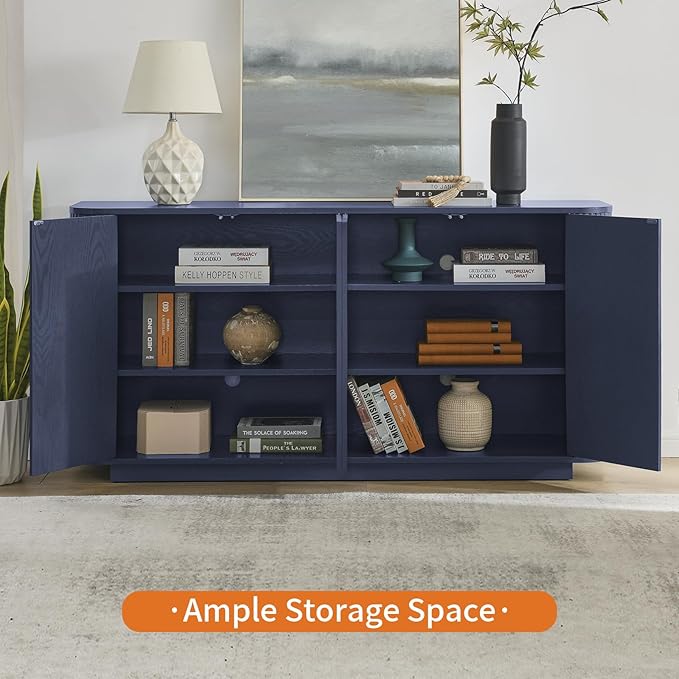 LKTART 64" Buffet Cabinet with Storage, Modern Fluted Accent Sideboard Media Console Credenza with Adjustable Shelves Pressed Spring for Kitchen Living Room,31.5" H (Blue)