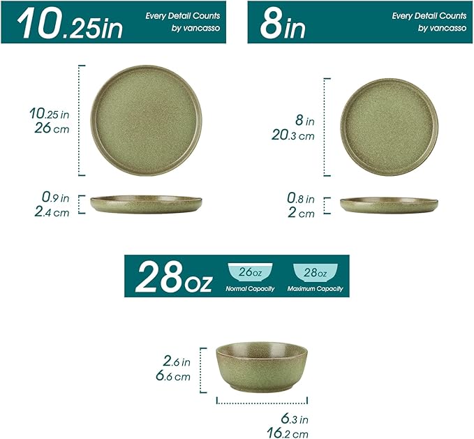 vancasso Plates and Bowls Sets, 18 Pieces Stoneware Dinnerware Set for 6, Ceramic Dish Set for Kitchen, Microwave and Dishwasher Safe, Mossy Green, Series ZERMATT