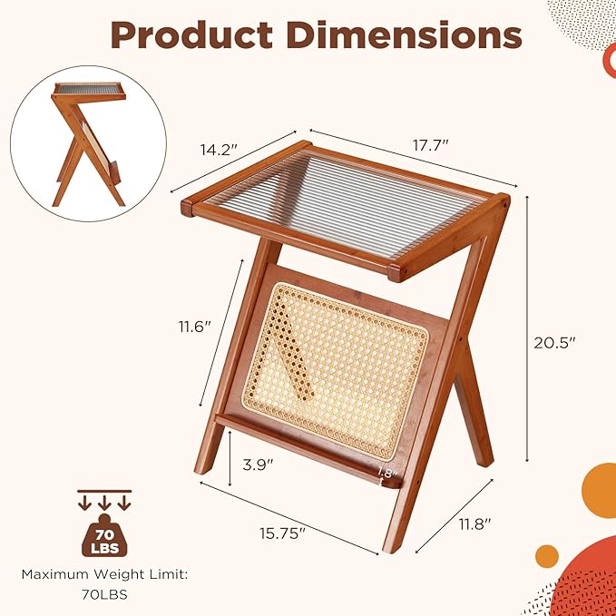 Rattan Side Table Set of 2, Rattan End Table Z-Shaped Boho Nightstand with Glass-top, Accent and Coffee Table for Bedroom Living Room Small Space