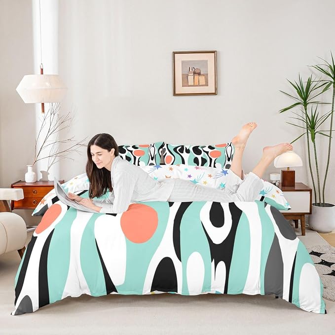 Mid Century Modern Abstract Duvet Cover Set Vintage Geometric Full Size Bedding Sets for Preteen Boys Girls Contemporary Organic Shapes Comforter Cover Squiggle Blob Bed Set,Teal Coral Salmon Pink