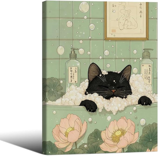 Black Cat in Bathtub Poster Vintage Japanese Bathroom Wall Art 08x10 inch Framed Funny Cute Animal Canvas Prints for Bedroom Restroom Toilet Wall Decor