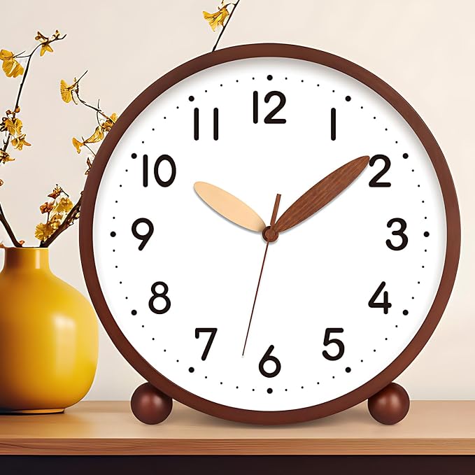 Maxspace Wooden Table Clock,8in Silent Non-Ticking Desk Clock,Battery Operated Desktop Analog Clock for Living Room Bedroom Kitchen Office Classroom Decor (Walnut - White)