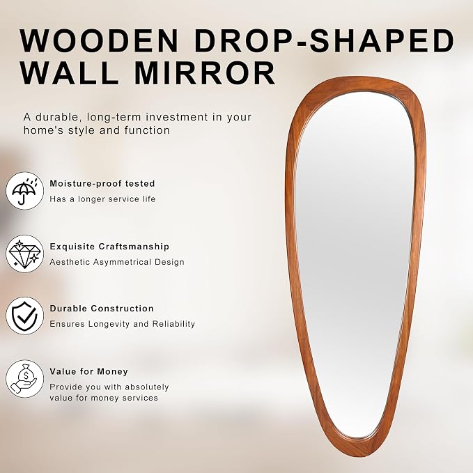 22‘’x60'' Asymmetrical Rustic Wall Mirror for Bathroom Black Wood Frame, Irregular Classic Mirror Farmhouse Vanity Mirror,Mid Century Modern Mirror Decor Living Room, Bedroom, Entryway