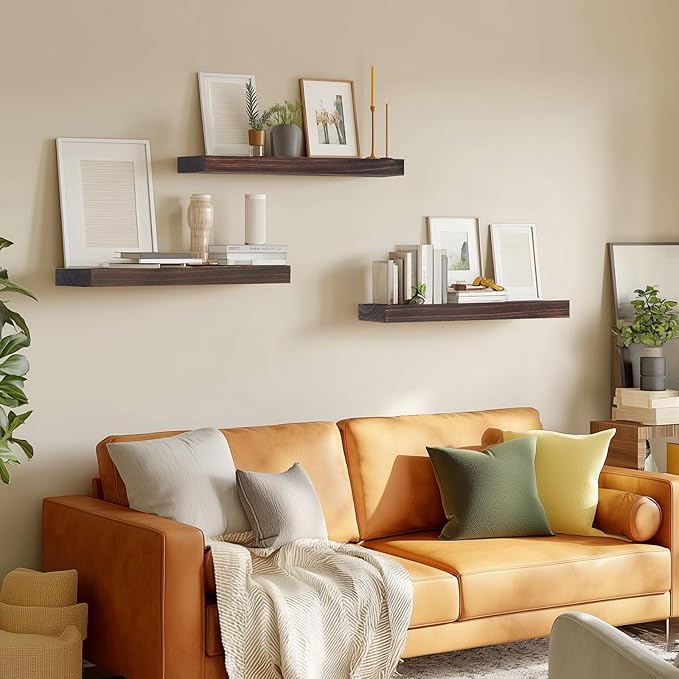 Floating Wall Shelf 16x6.8x1.7 Inch – Solid Wood Shelf in Walnut Finish – Wall Mounted Rustic Display Organizer for Bathroom, Kitchen, Bedroom, Small Spaces – Set of 3