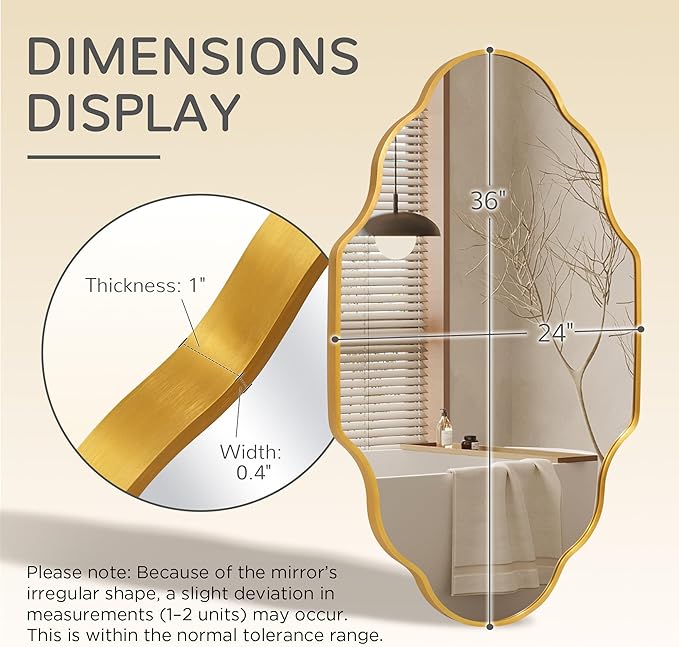 Gold Scalloped Bathroom Mirror, Irregular Wall Mirror with Brushed Metal Frame, HD Glass Decorative Mirror for Wall Decor, Vanity Mirror for Bathroom, Bedroom & Entryway (24" x 36", 2 Pack)