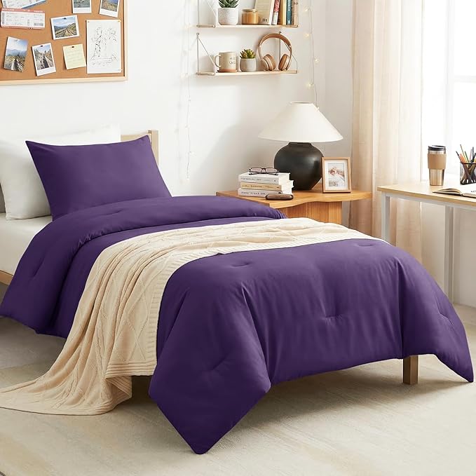 CozyLux Twin Comforter Set College Dorm Essentials, 2 Pieces Purple Twin Extra Long Solid Bedding Sets, Twin XL Bed Set with Down Alternative Comforter and 1 Pillowcase, Back to School Room Gift