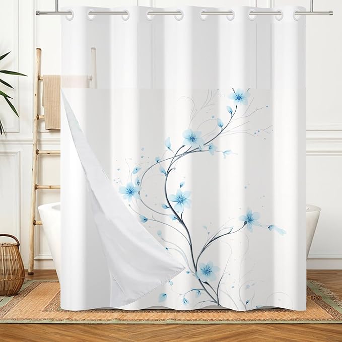 No Hook Shower Curtain with Snap in Liner Blue Watercolor Flowers Plant Shower Curtain with Liner for Bathroom Modern Hotel Fabric Washable 71x74 Inch