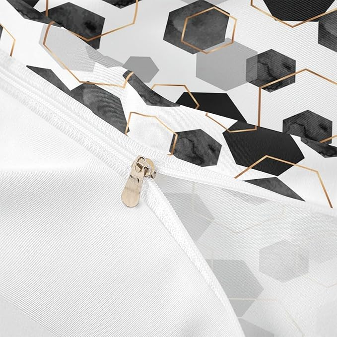 Erosebridal Black and Grey Duvet Cover for Bedroom - Marbling Geometric Art Kids Bedding, Minimalist Abstract Golden Striped Bed Sets for Home Decor, Full 3 Pieces (No Comforter)
