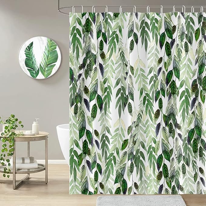 Tropical Leaves Shower Curtain Lush Green Plant Leaf Botanical Pattern Shower Curtain Set with 8 Hooks 48 x 72 inch Waterproof Fabric Polyester Nature Bathroom Decorative