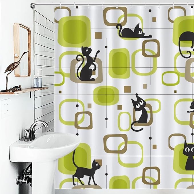 Mid Century Modern Shower Curtain for Bathroom, Vintage Abstract Geometric Green Black Cat Atomic Kittey Retro 1950s 1960s Waterproof Fabric Shower Curtain Set with Hooks, 72"x78"