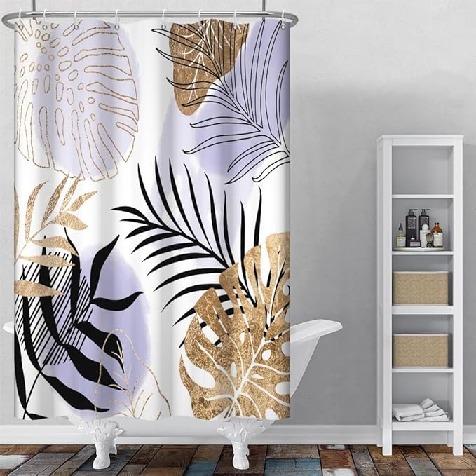 Modern Boho Shower Curtain Purple Gold Palm Leaf Abstract Aesthetic Bathroom Decor Gorgeous Watercolor Botanical Theme Bohemian Bath Curtains Washable Waterproof Polyester Fabric with Hooks 36x72 Inch