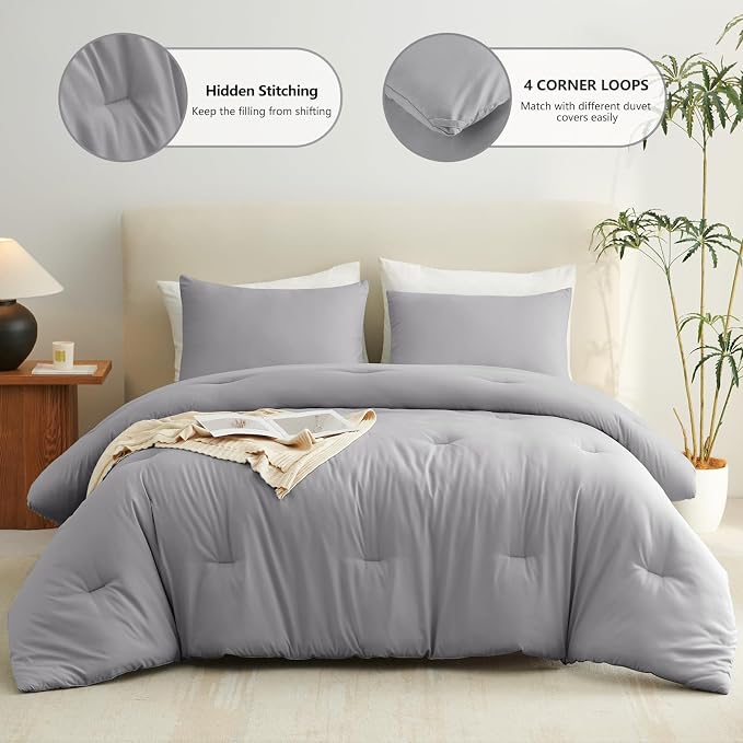 CozyLux King Size Comforter Set Grey, 3 Pieces Lightweight Down Alternative Quilted Bedding Sets, Gray All Season Soft Breathable Solid Comforter with 2 Pillowcases, Luxury Bed Set Gift for Home
