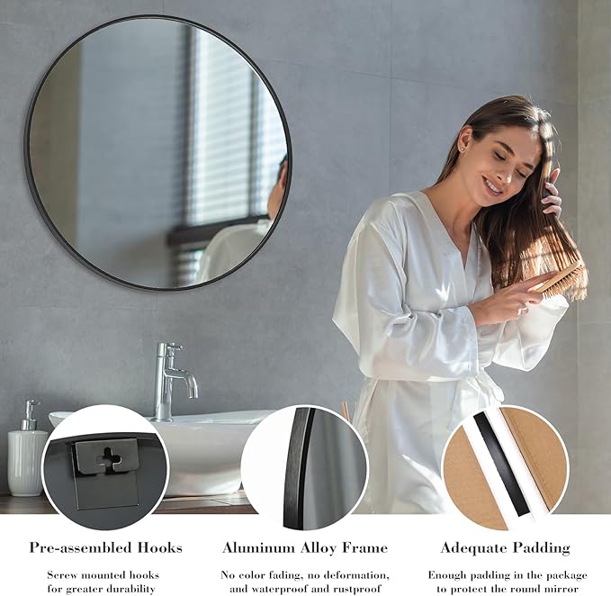 Sweetcrispy 28 Inch Round Wall Mirror with Tempered Glass, Bathroom Mirror Over Sink, Anti-Fog & Waterproof Round Mirrors for Bathroom, Entryway, Bedroom, Shatterproof Design, Black
