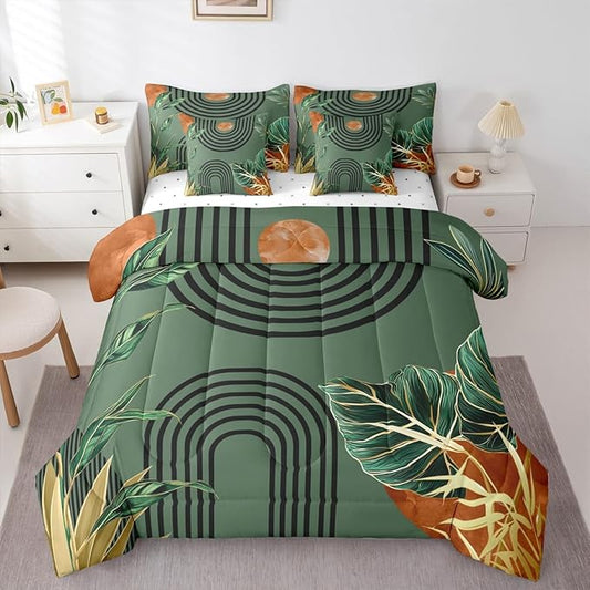 Erosebridal Mid Century Green Queen Comforter Set with Sheets 7 Piece Boho Minimalist Aesthetic Bed in A Bag Modern Plant Botanical Palm Leaf Bedding Sets Abstract Retro Geometric Neutral Bed Set