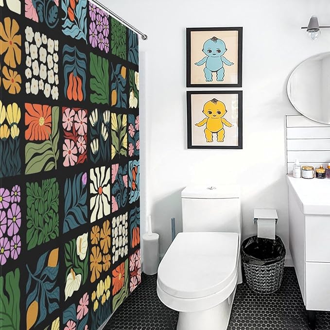 Vintage Floral Plant Lattice Shower Curtains Colorful Spring Flower Farmhouse Mid Century Cafe Washable Waterproof Fabric for Bathroom Decor Bathtub with 12 Hooks 72x72in (183x183cm)