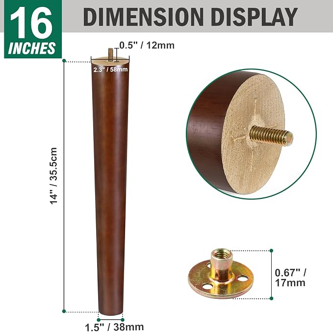 FoDau770 Brown Rubber Wood Furniture Legs 16 Inches, 5/16" UNC Straight Tapered Wood Feet Mid Century Sofa Legs, Wooden Furniture Feet Replacement Parts for Cabinet Couch Dresser Chair Ottoman Table