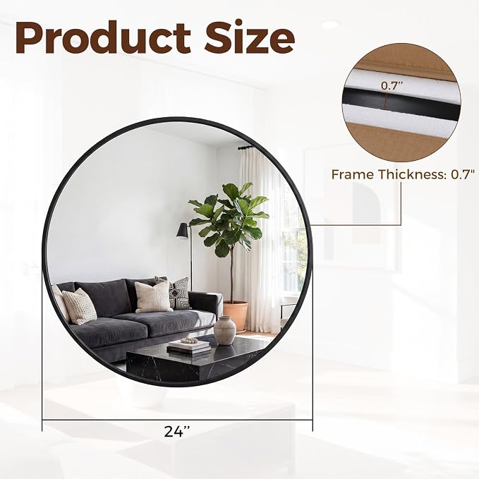 NEWBULIG 24 Inch Round Wall Mirror, Bathroom Mirrors for Over Sink, Matte Metal Framed Circle Vanity Mirror, Wall Decor for Bedroom, Anti-Rust, Tempered Glass, Hanging or Leaning, Classic Black