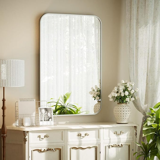 BEAUTYPEAK Wall Mounted Bathroom Mirror - 20" x 28" Silver Rectangular Aluminum Alloy Frame Mirror with Rounded Corners