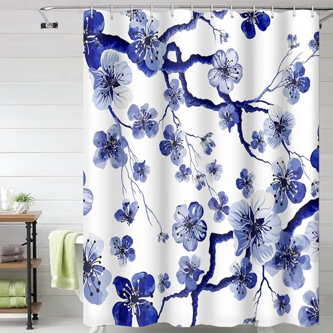 Plum Blossom Shower Curtain Watercolor Blue Floral Modern Art Painting Shower Curtains for Bathroom Accessories Waterproof Polyester Fabric with Hooks, 65 x 72 Inch