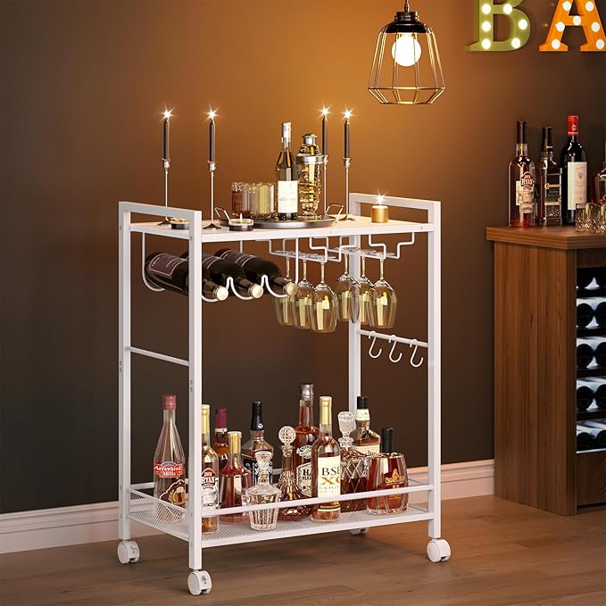 Bar Cart, Home Bar Serving Cart with 2-Tier Shelf,Rolling Beverage Cart with Wheels,Mobile Kitchen Shelf,Modern Wine Drink Cart with Wine Rack and Glass Holder for Kitchen,Dinning Room,White