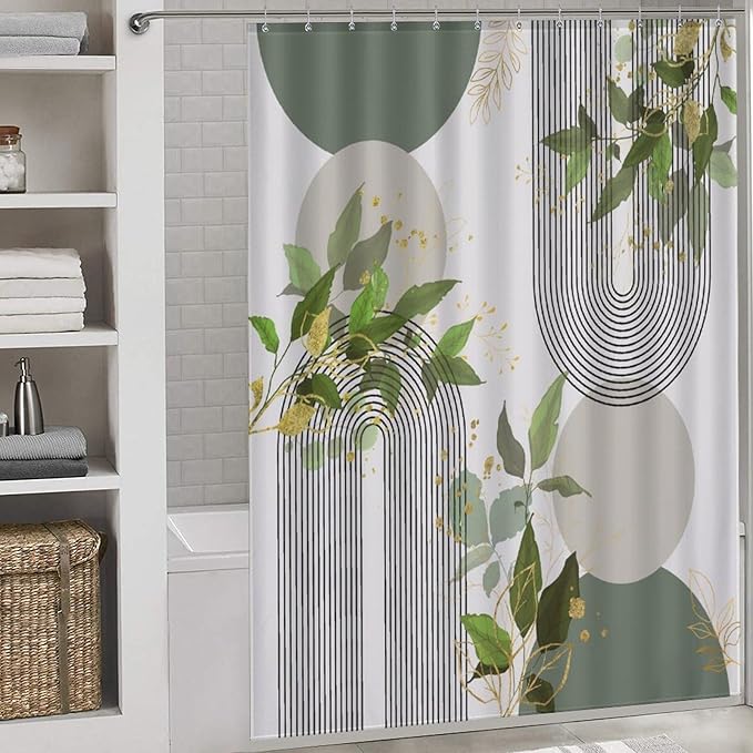 Boho Green Shower Curtain, Mid Century Modern Abstract Gold Leaves Plant Minimalist Bathroom Curtain Polyester Waterproof Fabric Decor 66x72in（168x183cm）