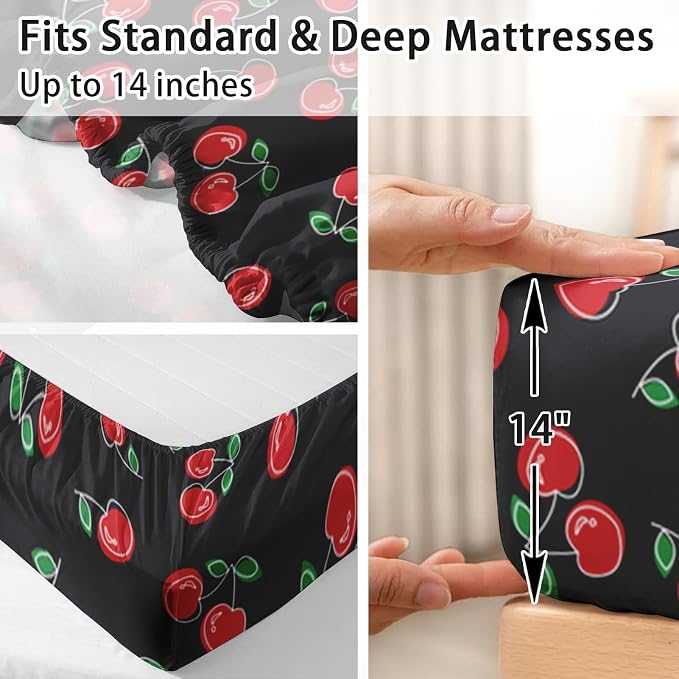 Pamnest Full Size Bed Sheet Sets, Red Black Cherry Fruit Soft Microfiber 4 Pcs Bedding Sets for Kids and Adults Bedroom Bed Decor, Retro Leaf Summer Flat, Fitted Sheet and 2 Pillowcases
