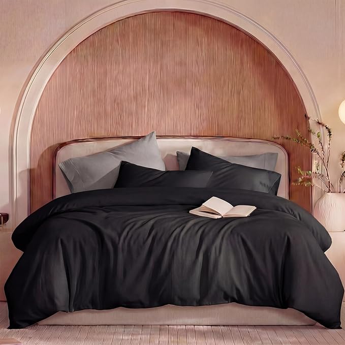100% Washed Cotton Duvet Cover Queen Size – Solid Black, Linen-Like Texture, Super Soft & Breathable Bedding Set, 3-Piece Durable Percale Comforter Cover