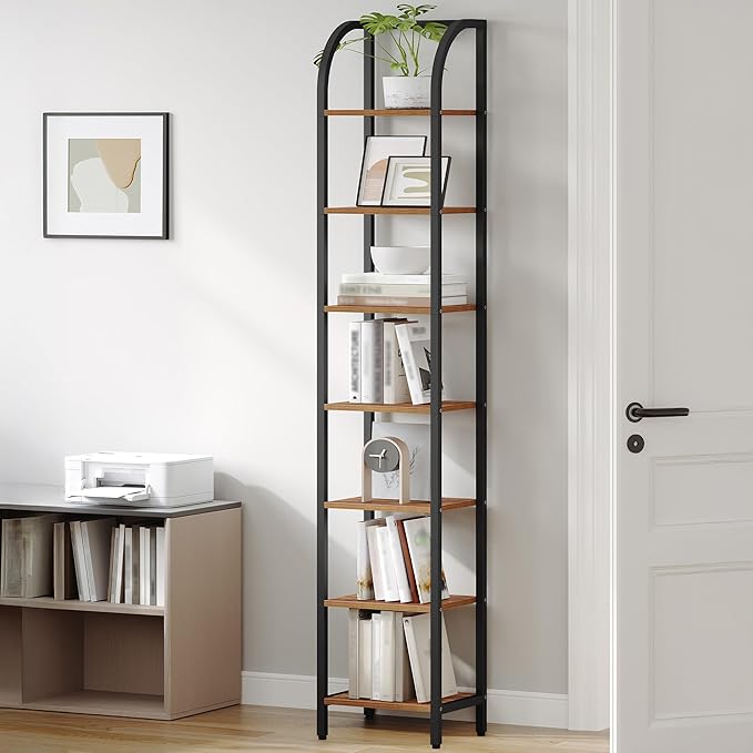 Hzuaneri Bookshelf Narrow Bookcase, Tall Storage Rack with Steel Frame, Display Standing Shelf Unit, Skinny Book Shelf for Study Living Room, Home Office, Industrial, 7-Tier Rustic Brown BC57701B