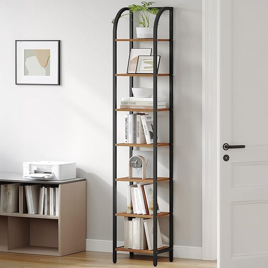Hzuaneri Bookshelf Narrow Bookcase, Tall Storage Rack with Steel Frame, Display Standing Shelf Unit, Skinny Book Shelf for Study Living Room, Home Office, Industrial, 7-Tier Rustic Brown BC57701B