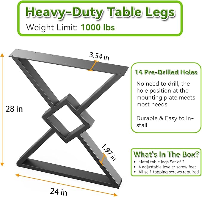 Metal Table Legs - 28x24 inch, Diamond-Shape Black, Heavy Duty for Dining/Desk/Office/Computer - Set of 2