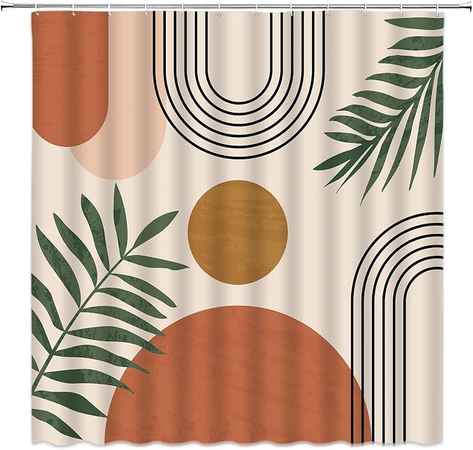 Mid Century Modern Shower Curtain Boho Beige Orange Abstract Retro Aesthetic Fabric for Bathroom Decor Bathtub with Hooks (70" WX84 H)