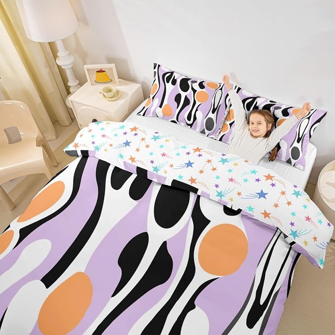 Mid Century Modern Abstract Duvet Cover Set Vintage Geometric Full Size Bedding Sets for Preteen Boys Girls Contemporary Organic Shapes Comforter Cover Squiggle Blob Bed Set,Lavender Peach