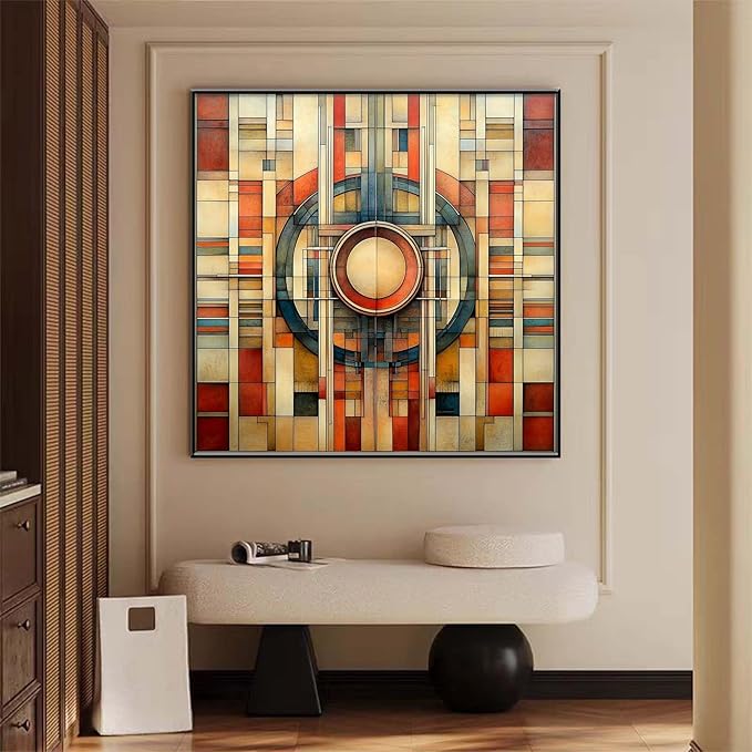 Glethua Mid Century Modern Colorful Canvas Wall Art, Geometric Abstract Wall Decor, Neutral Home Decor Aesthetic, Minimalist Artwork for Office Living Room Bedroom (Black Framed, 40"x40"/102x102cm)
