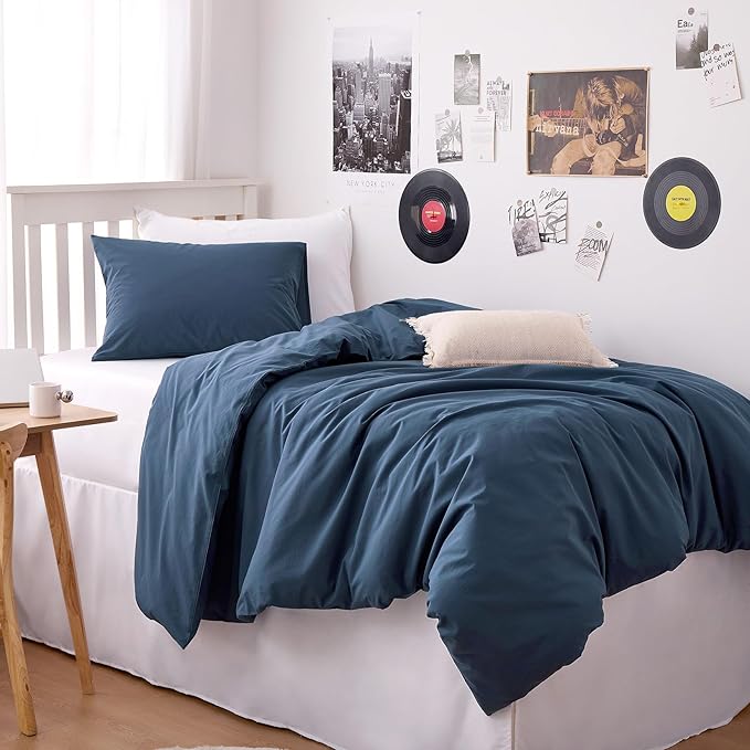 Wake In Cloud - Cotton Duvet Cover Set, 100% Washed Cotton, Linen Like Textured, Breathable Durable Comfy Farmhouse Neutral Bedding Set, 3 Pieces, Navy Blue, Twin/Twin XL Size