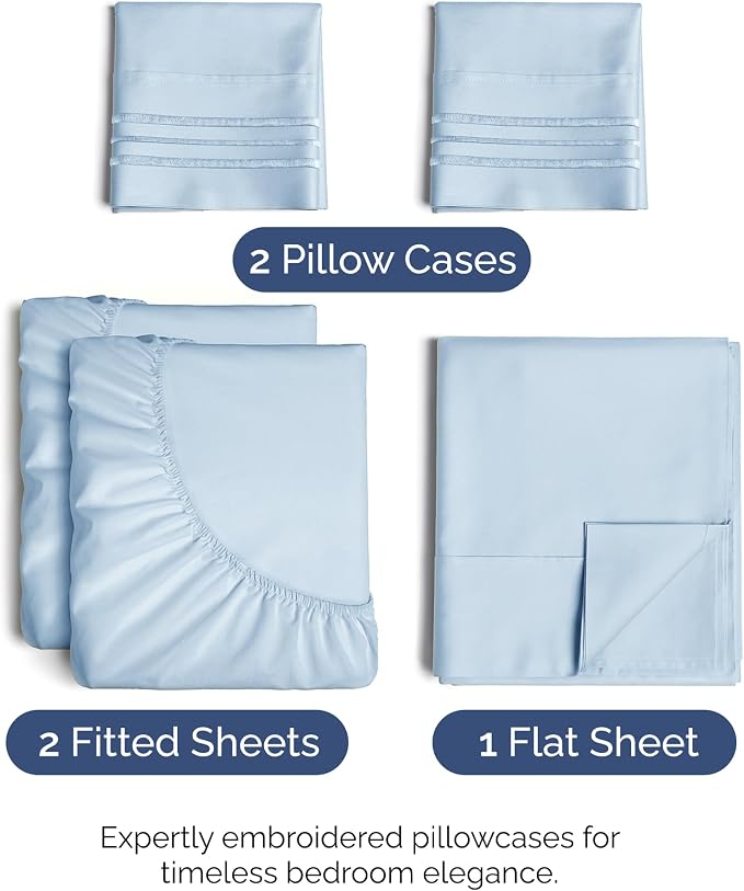 Split King Size 5 Piece Sheet Set - Comfy Breathable & Cooling Sheets - Hotel Luxury Bed Sheets for Women & Men - Deep Pockets, Easy-Fit, Soft & Wrinkle Free Sheets - Sky Blue Oeko-Tex Bed Sheet Set