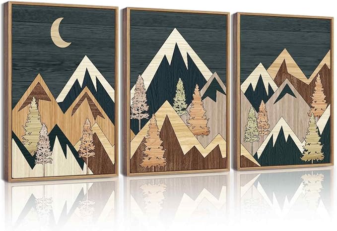 KUVIOKE Morden Mountains Framed Wall Art Boho Pine Tree Forest Nature Landscape Artwork Bohemain Farmhouse Rustic Bedroom Decor 12x16in (Natural Framed)